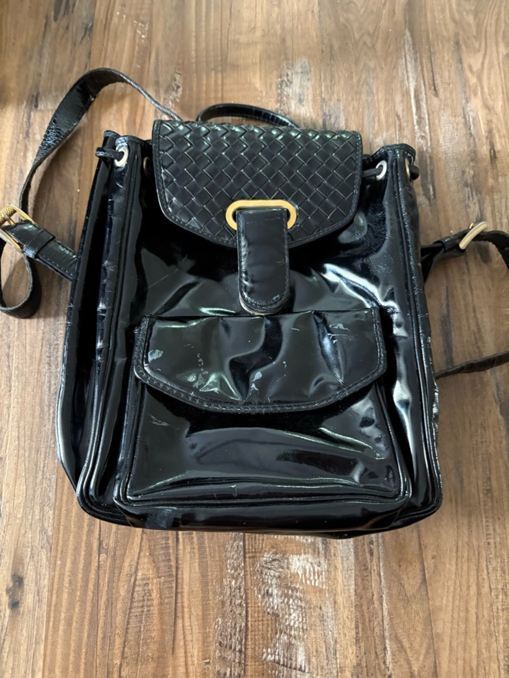 Bottega Veneta Black Patent Leather Woven Flap Backpack